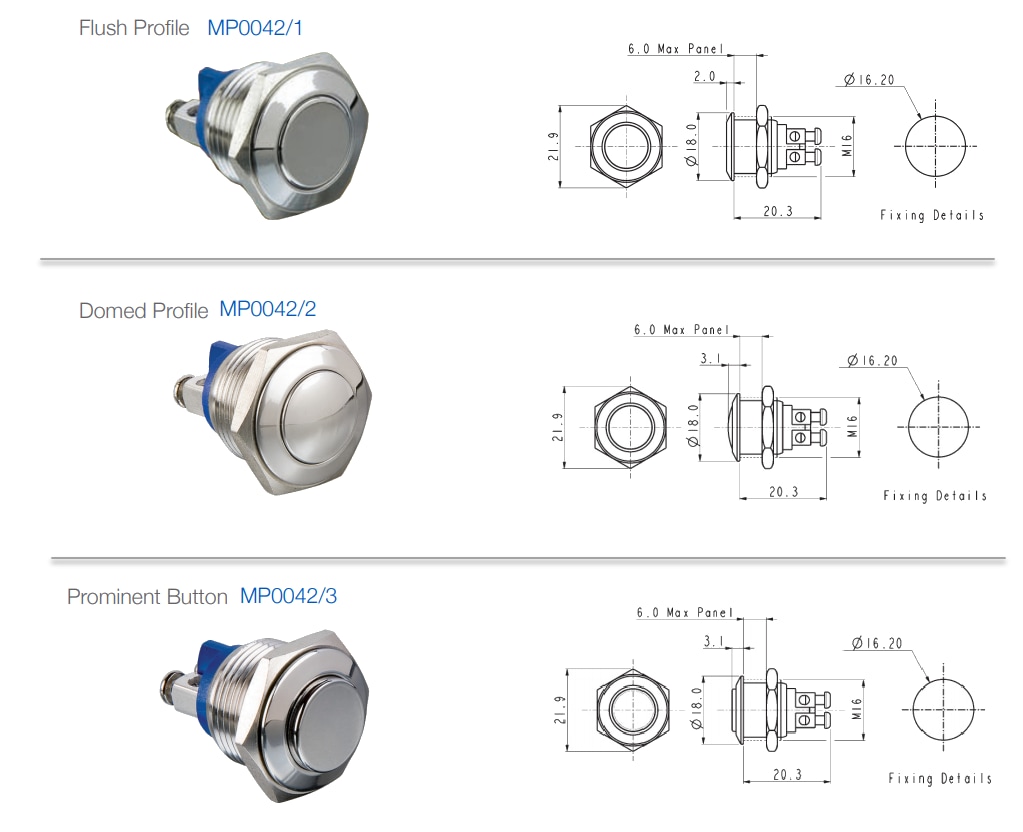 Chart - Bulgin MP0042 Pushbutton Switches Chart - Bulgin MP0042 Pushbutton Switches
